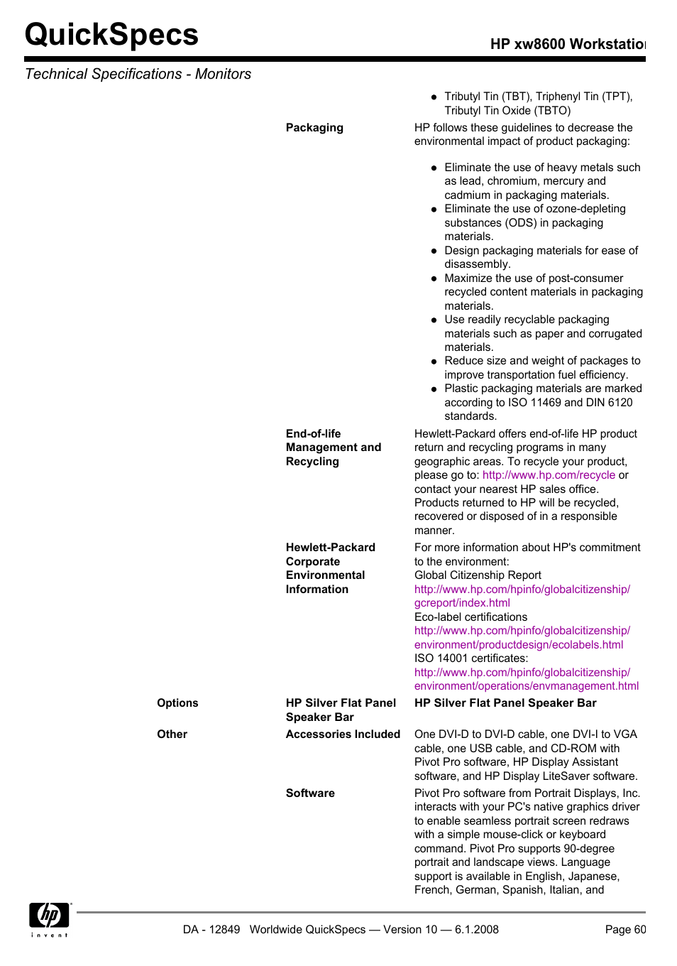 Quickspecs | HP xw8600 User Manual | Page 60 / 73