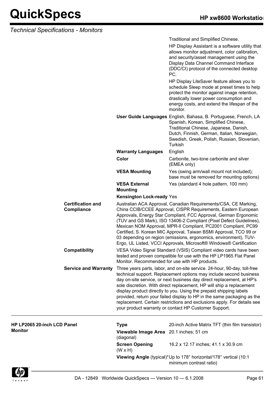 Quickspecs | HP xw8600 User Manual | Page 61 / 73
