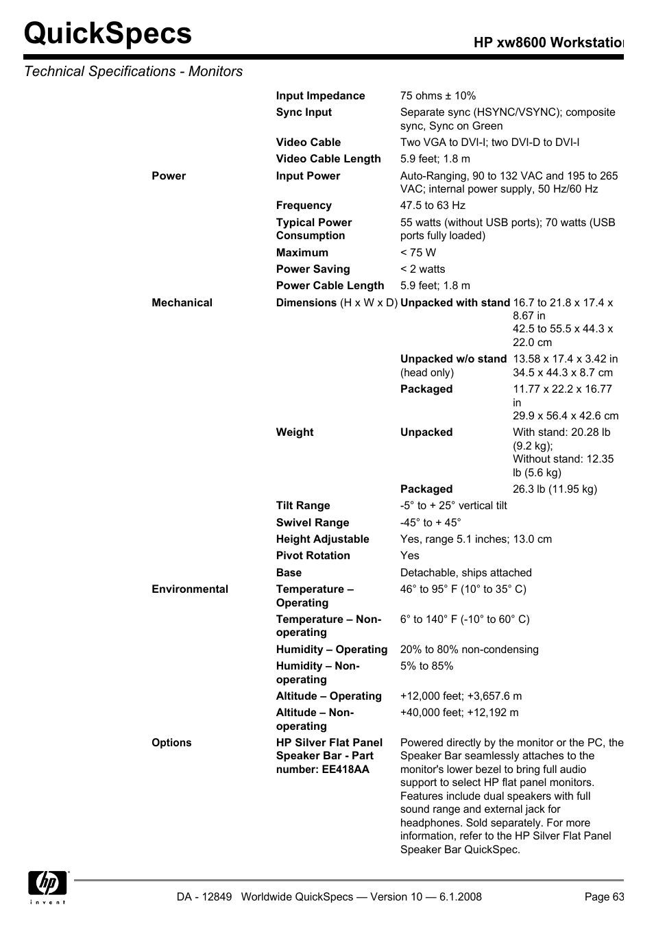 Quickspecs | HP xw8600 User Manual | Page 63 / 73