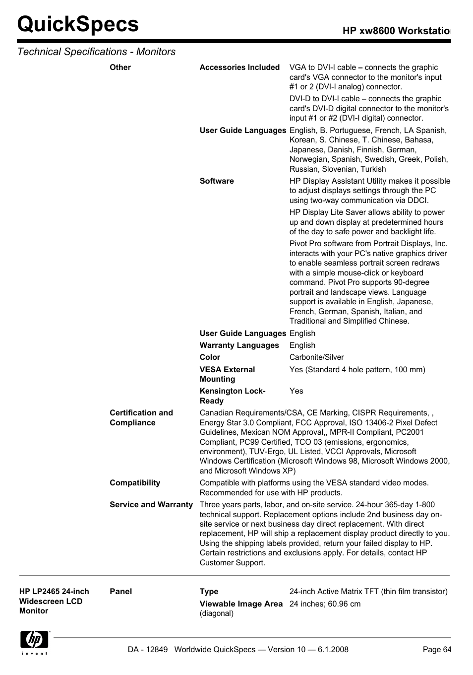 Quickspecs | HP xw8600 User Manual | Page 64 / 73