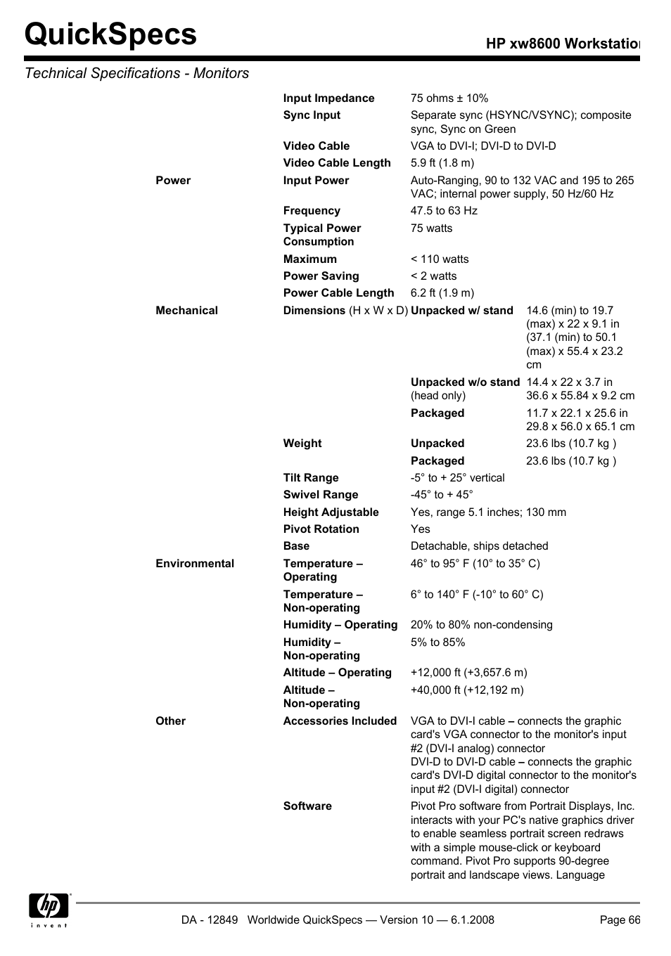 Quickspecs | HP xw8600 User Manual | Page 66 / 73