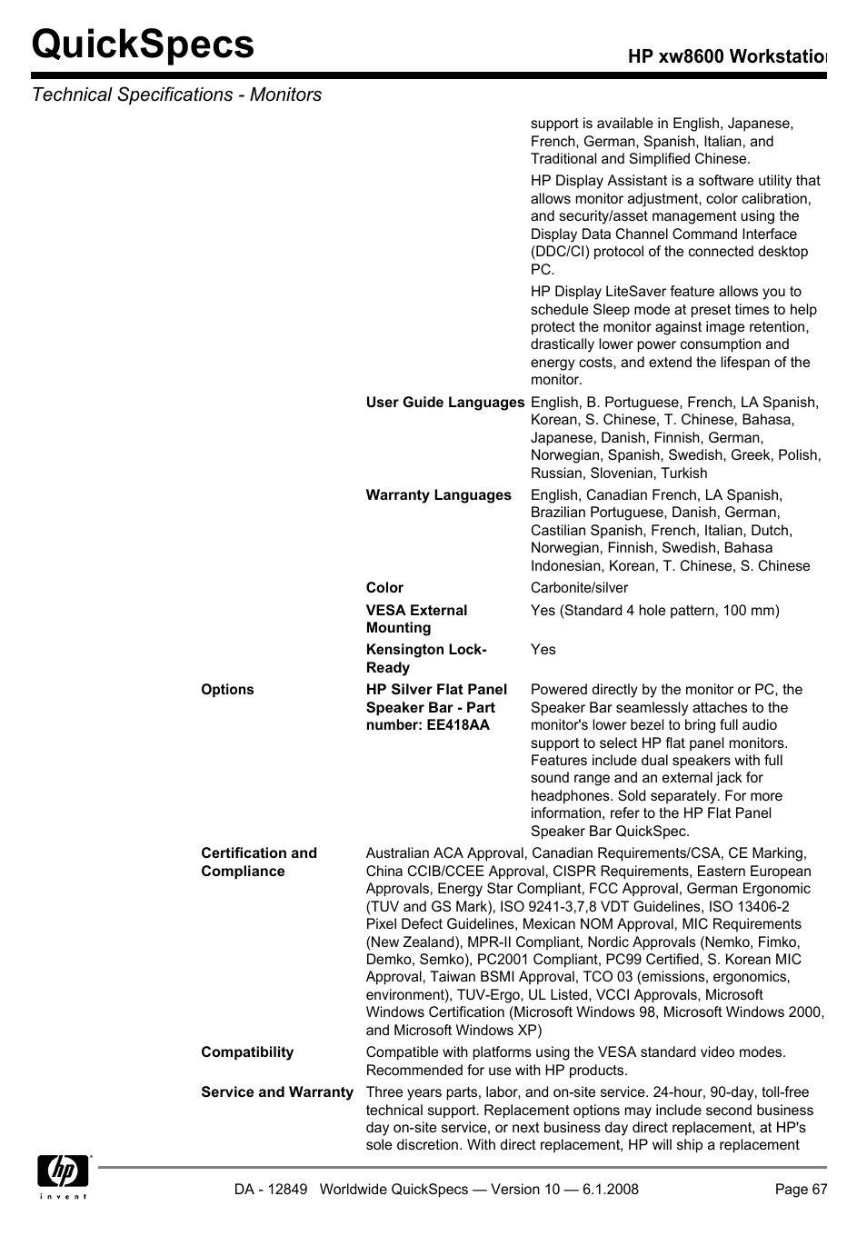 Quickspecs | HP xw8600 User Manual | Page 67 / 73