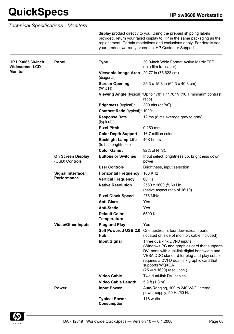 Quickspecs | HP xw8600 User Manual | Page 68 / 73