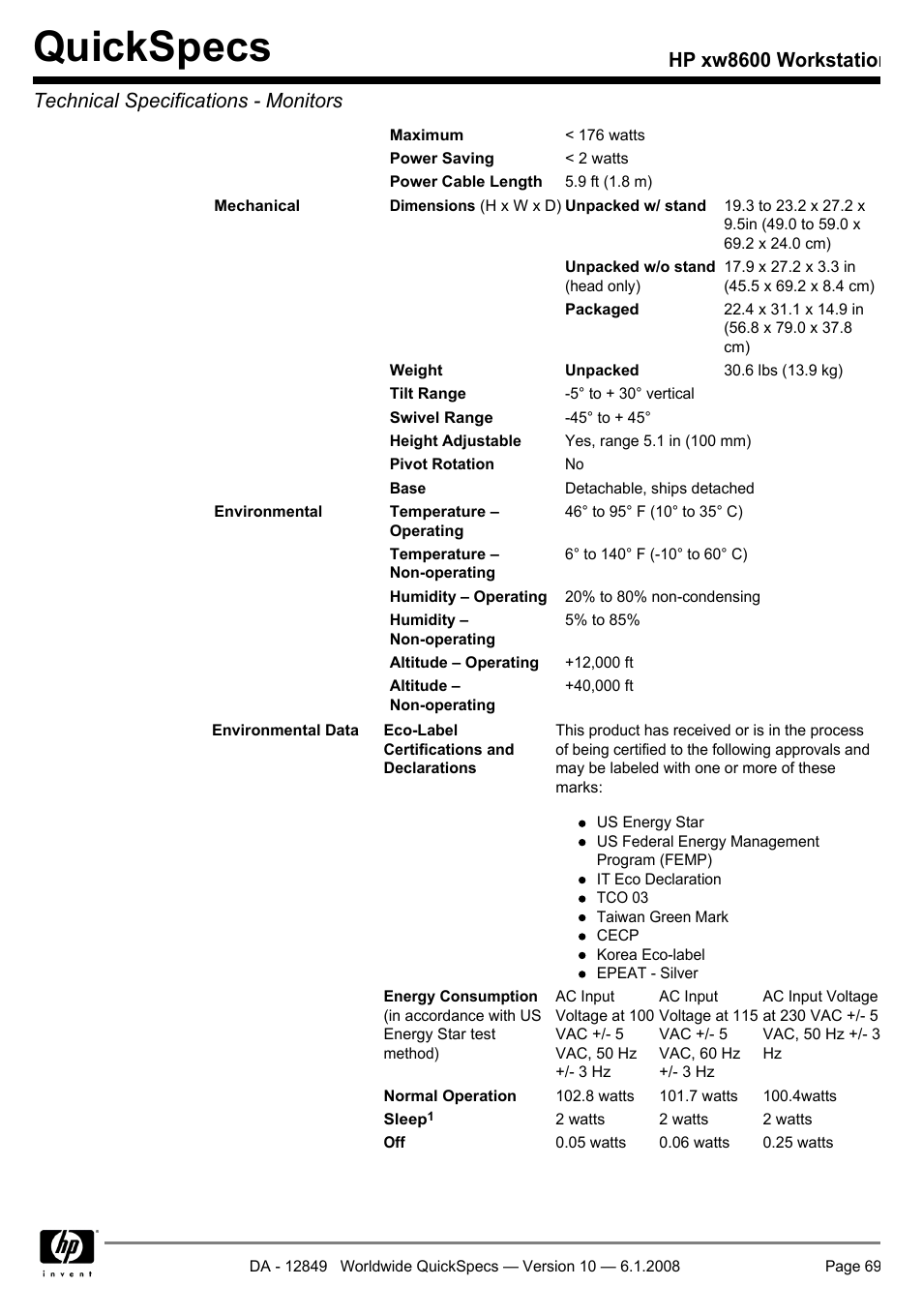 Quickspecs | HP xw8600 User Manual | Page 69 / 73