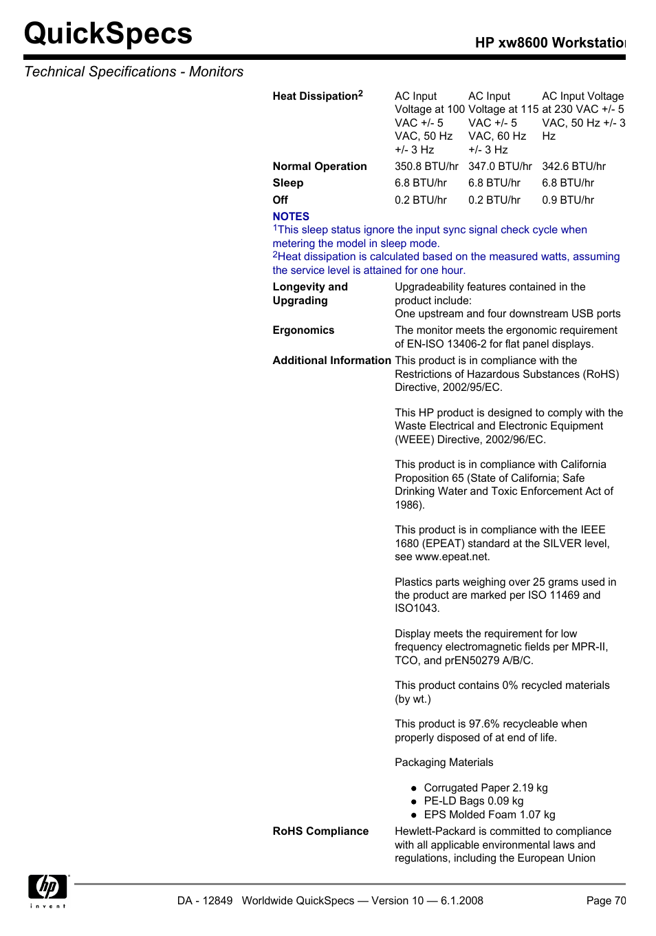 Quickspecs | HP xw8600 User Manual | Page 70 / 73