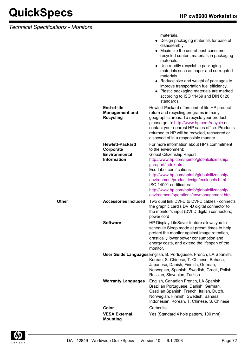 Quickspecs | HP xw8600 User Manual | Page 72 / 73
