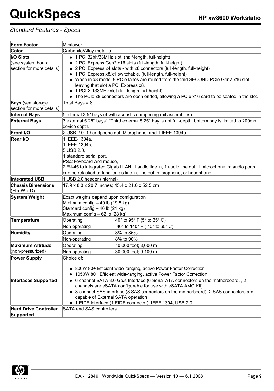 Standard features - specs, Quickspecs, Hp xw8600 workstation standard features - specs | HP xw8600 User Manual | Page 9 / 73