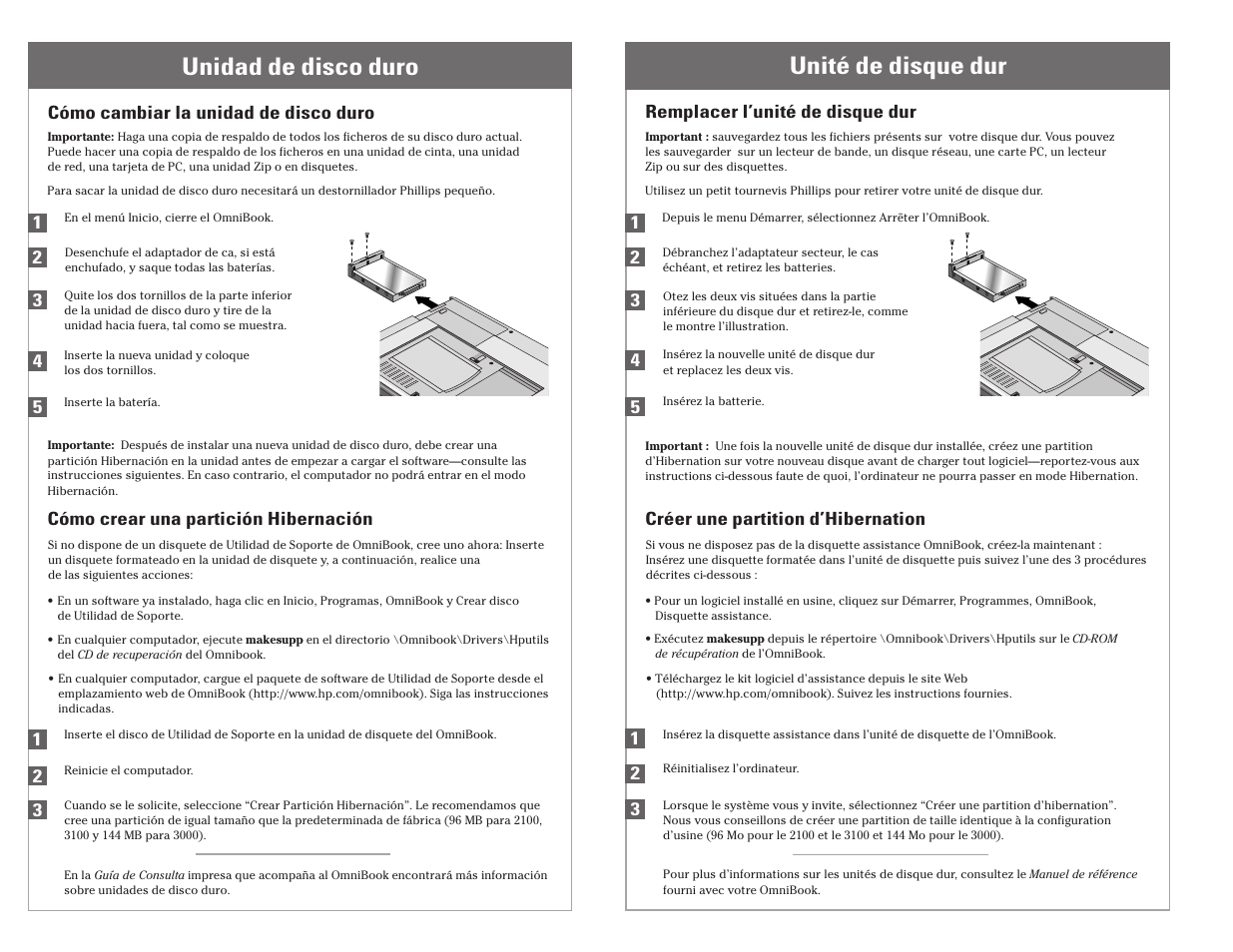 Unidad de disco duro, Unité de disque dur | HP F1385A User Manual | Page 4 / 4