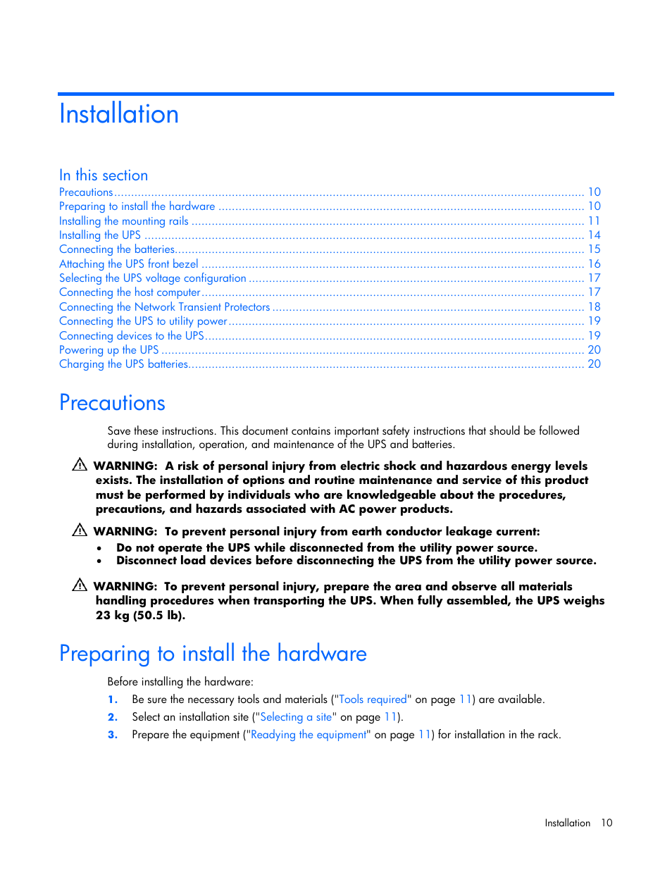 Installation, Precautions, Preparing to install the hardware | HP R1500 User Manual | Page 10 / 49