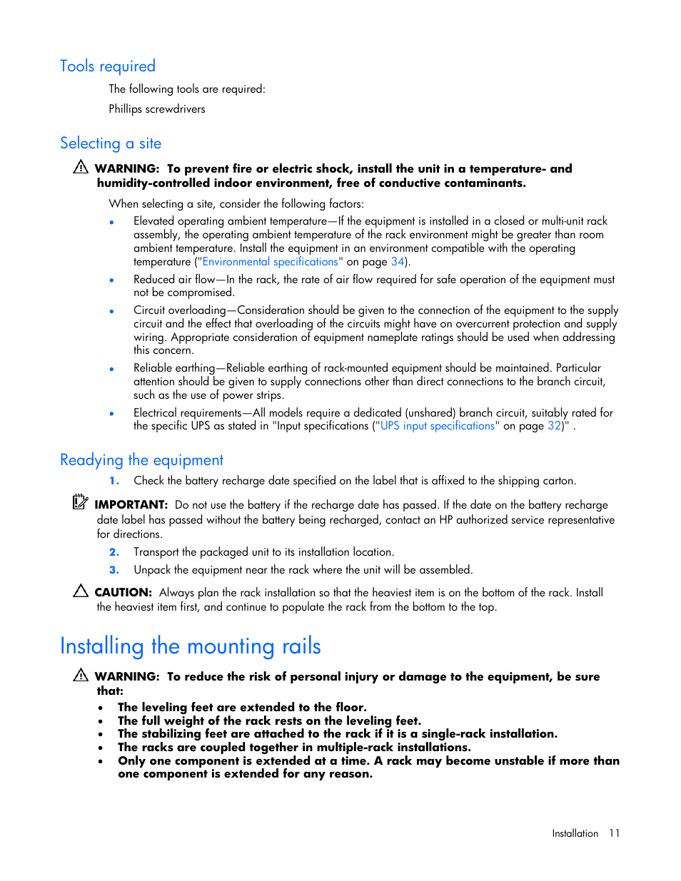 Tools required, Selecting a site, Readying the equipment | Installing the mounting rails, Are available, Select an installation site | HP R1500 User Manual | Page 11 / 49