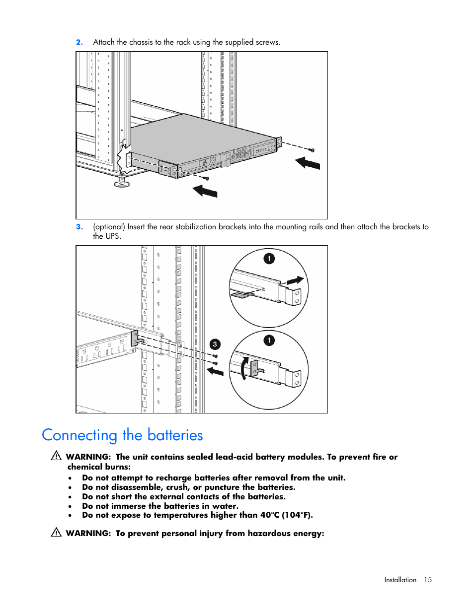 Connecting the batteries | HP R1500 User Manual | Page 15 / 49