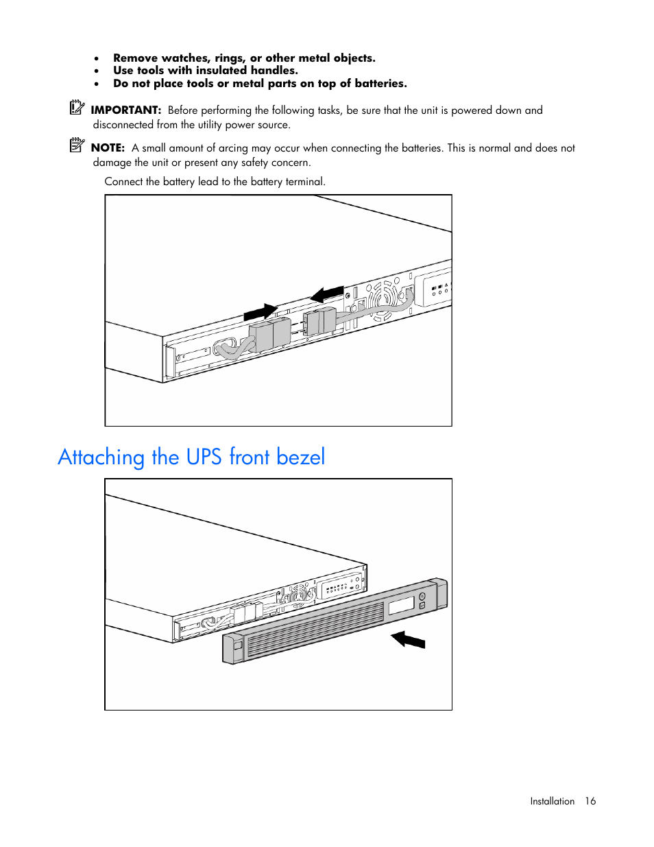 Attaching the ups front bezel | HP R1500 User Manual | Page 16 / 49