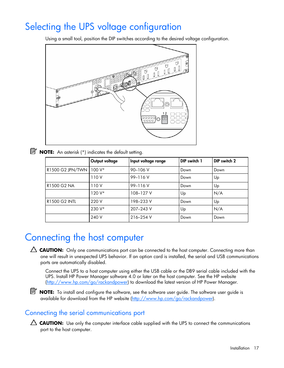 Selecting the ups voltage configuration, Connecting the host computer, Connecting the serial communications port | 17 connecting the host computer | HP R1500 User Manual | Page 17 / 49