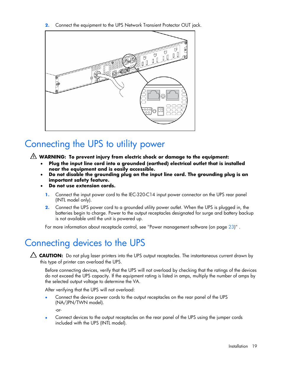 Connecting the ups to utility power, Connecting devices to the ups, 19 connecting devices to the ups | HP R1500 User Manual | Page 19 / 49
