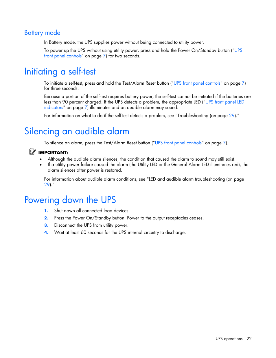 Battery mode, Initiating a self-test, Silencing an audible alarm | Powering down the ups, On pa, 22 silencing an audible alarm, 22 powering down the ups | HP R1500 User Manual | Page 22 / 49