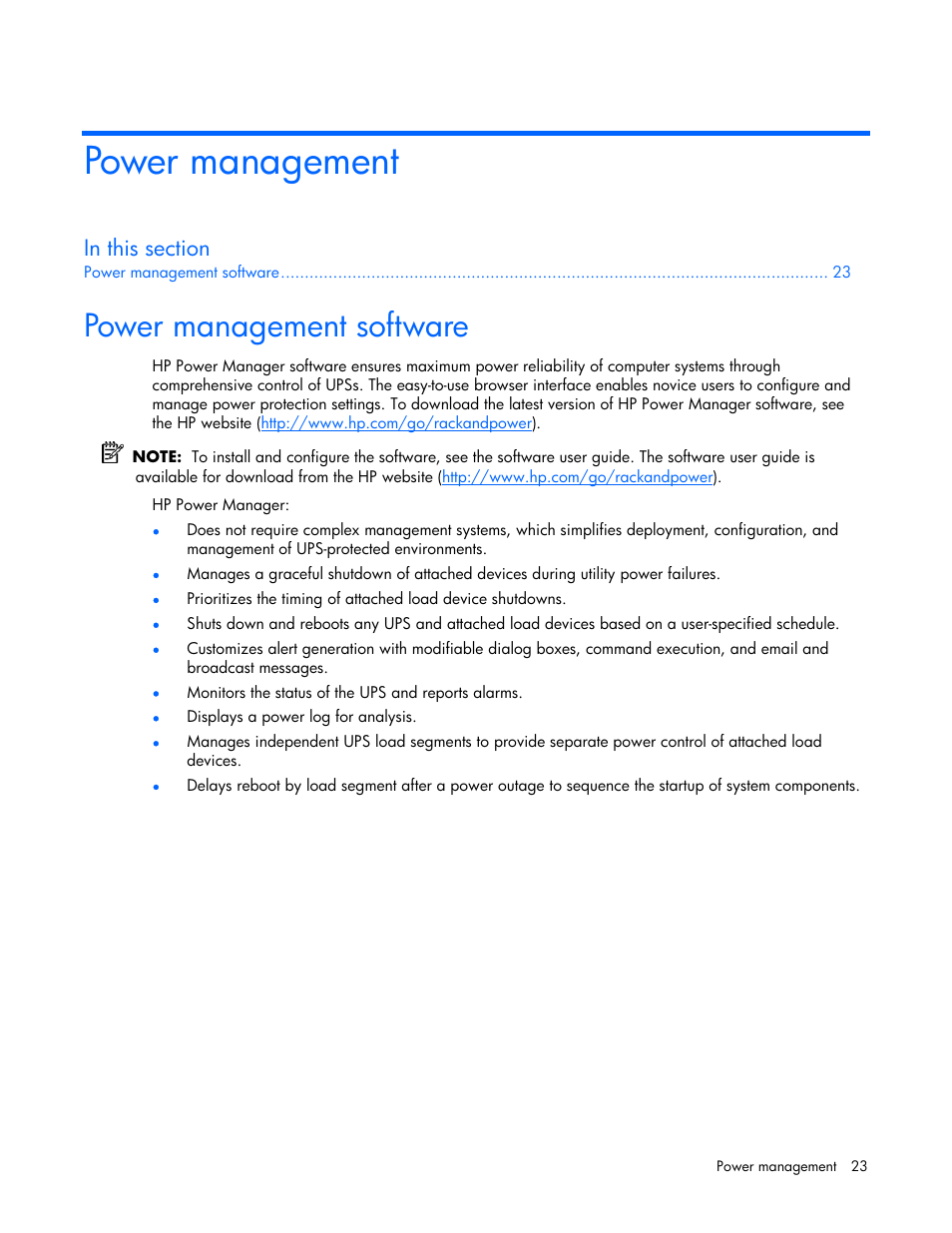 Power management, Power management software | HP R1500 User Manual | Page 23 / 49