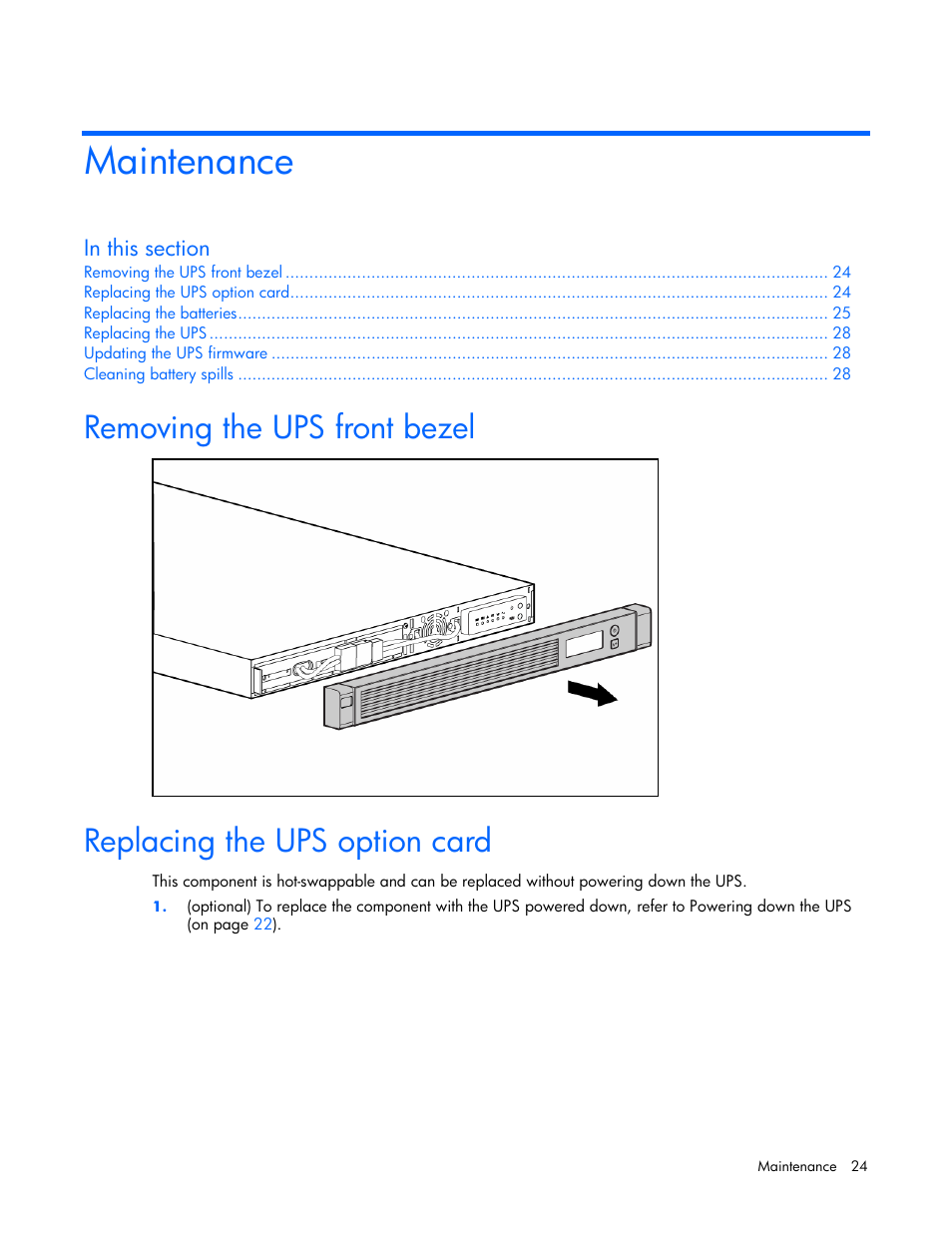 Maintenance, Removing the ups front bezel, Replacing the ups option card | HP R1500 User Manual | Page 24 / 49