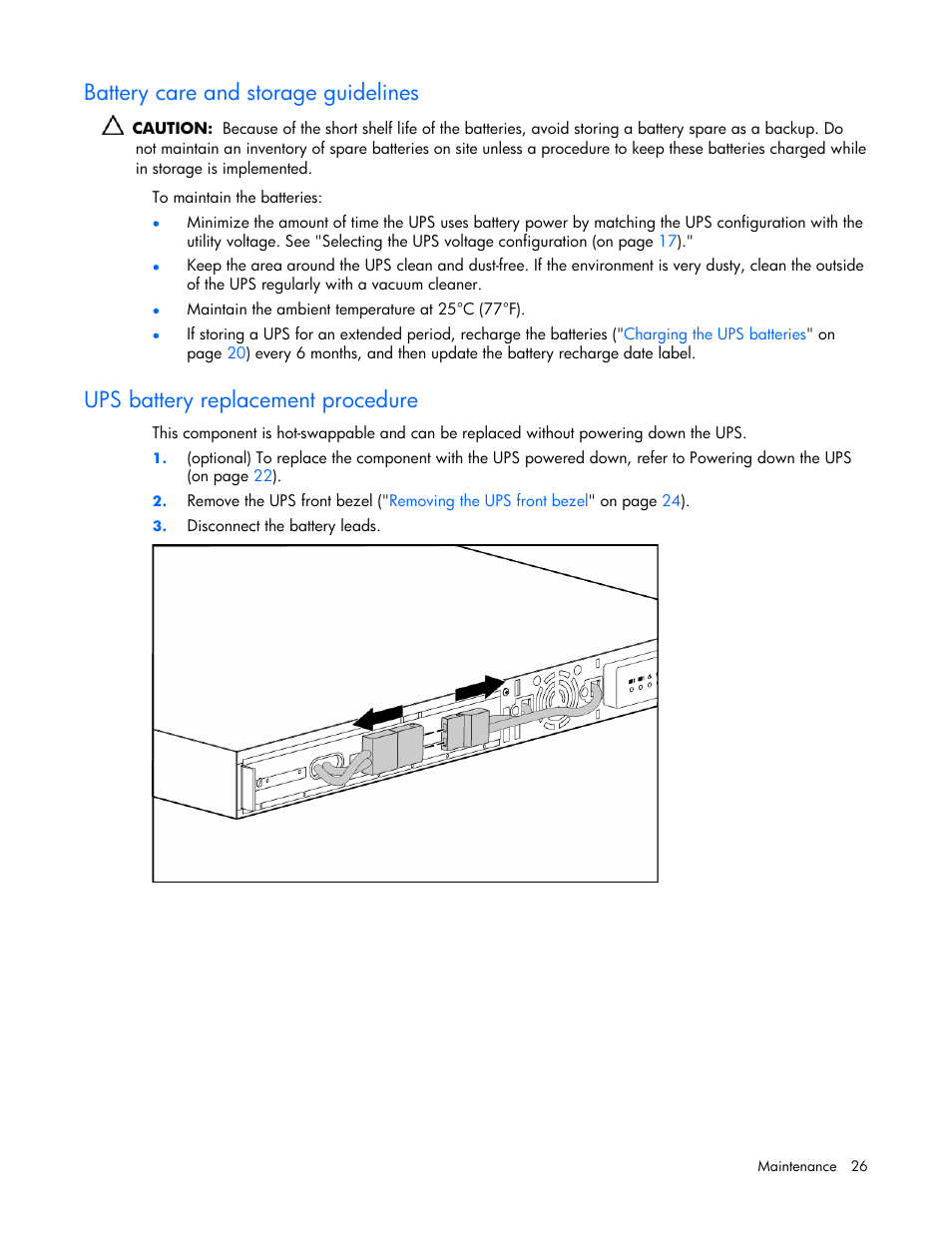Battery care and storage guidelines, Ups battery replacement procedure | HP R1500 User Manual | Page 26 / 49
