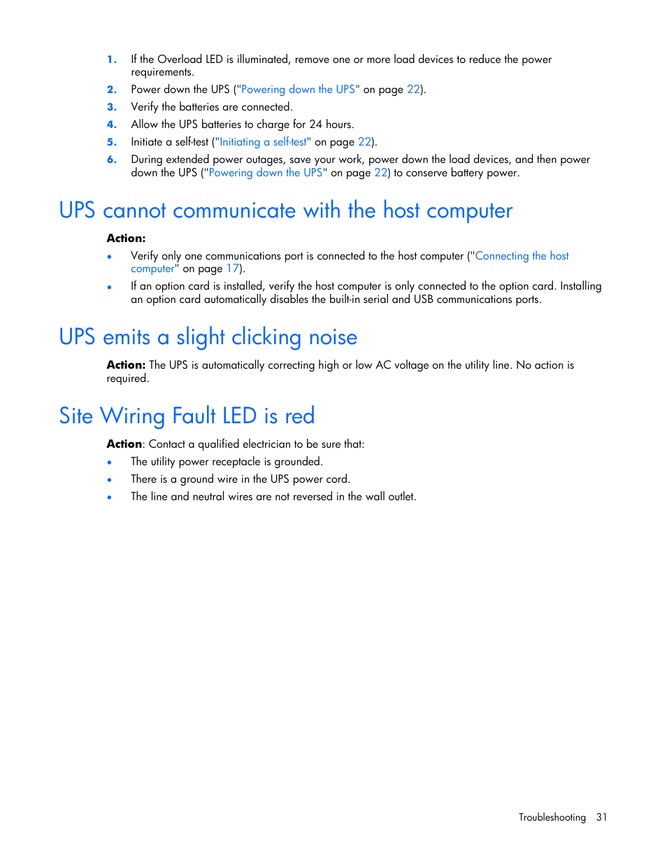 Ups cannot communicate with the host computer, Ups emits a slight clicking noise, Site wiring fault led is red | 31 ups emits a slight clicking noise, 31 site wiring fault led is red | HP R1500 User Manual | Page 31 / 49