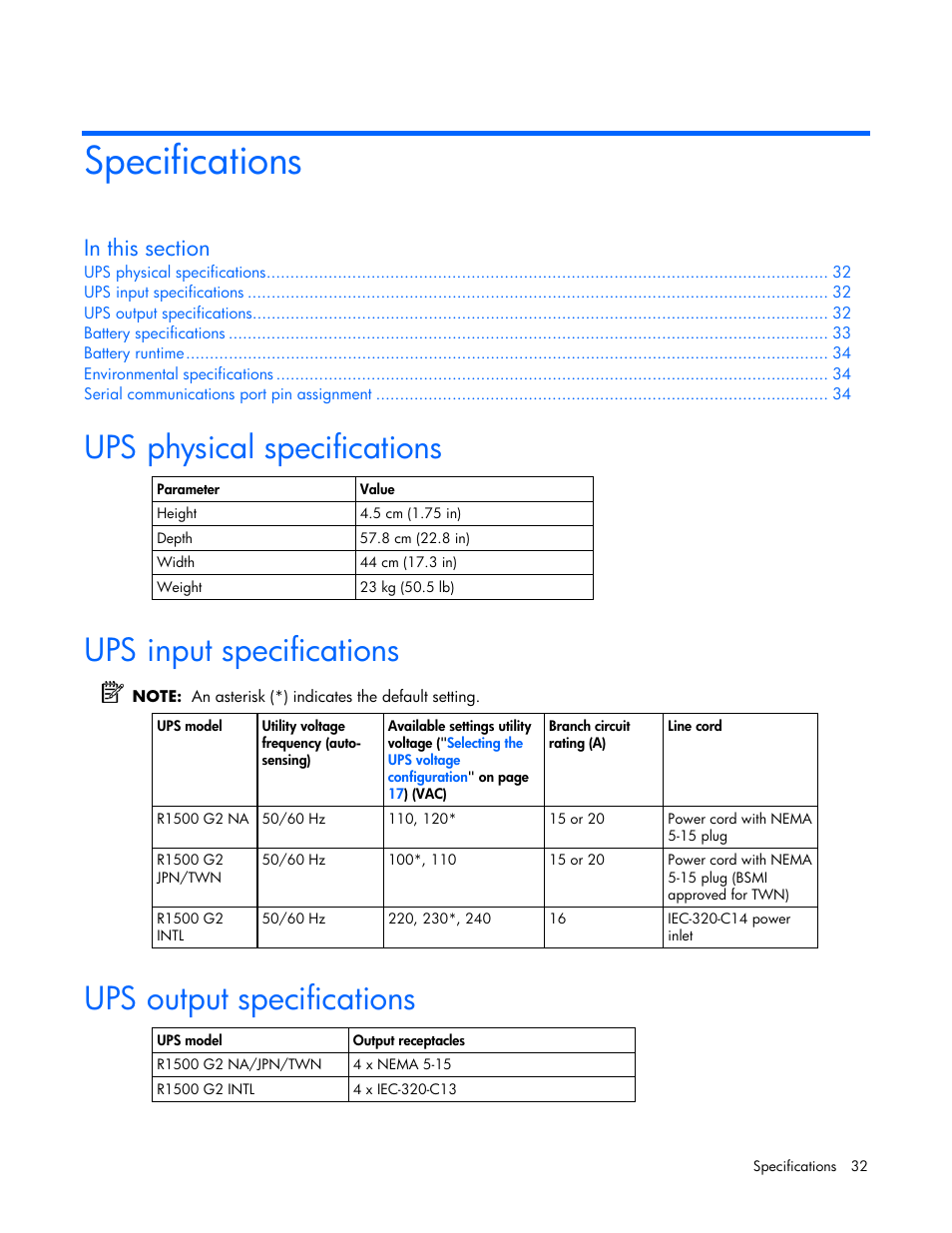 Specifications, Ups physical specifications, Ups input specifications | Ups output specifications, Ications | HP R1500 User Manual | Page 32 / 49