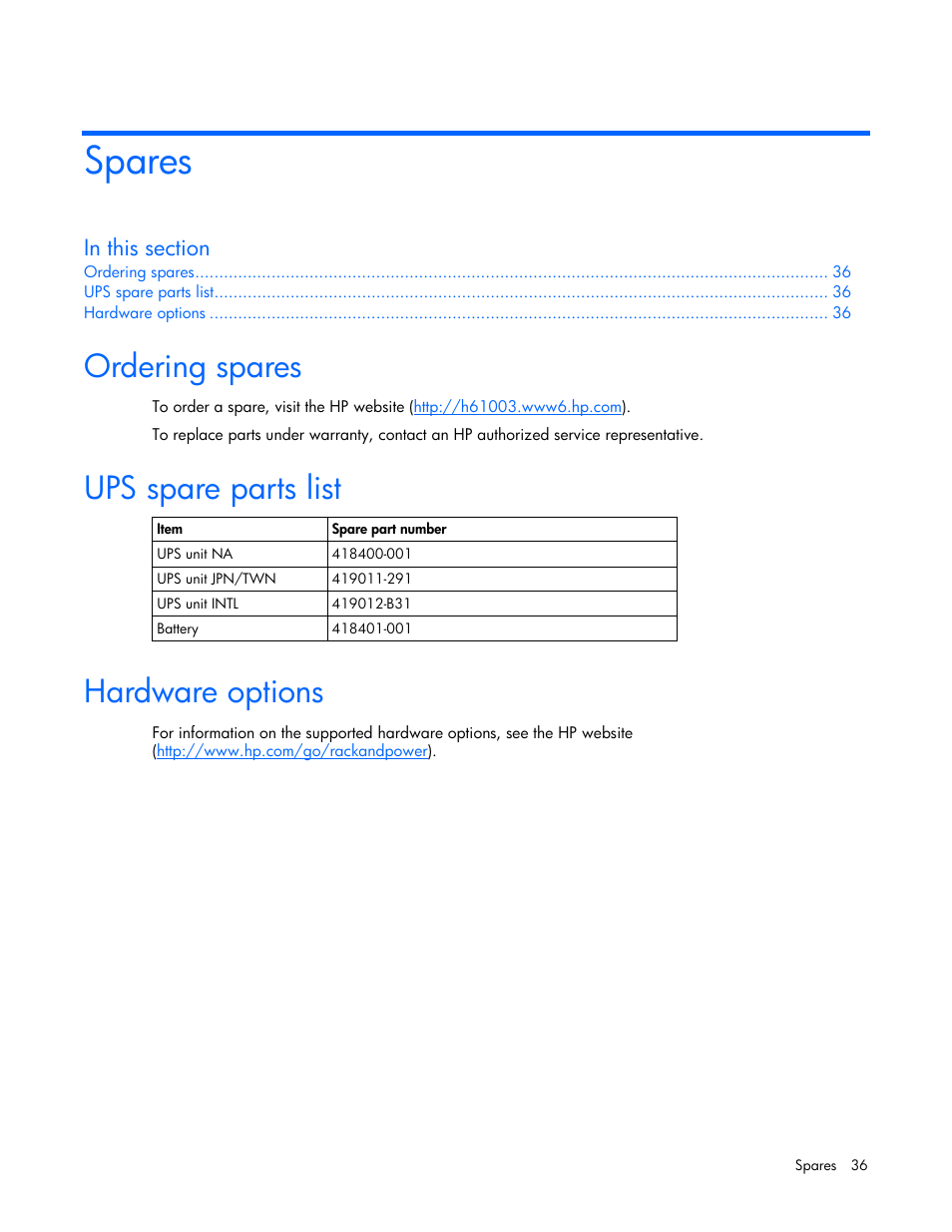 Spares, Ordering spares, Ups spare parts list | Hardware options | HP R1500 User Manual | Page 36 / 49
