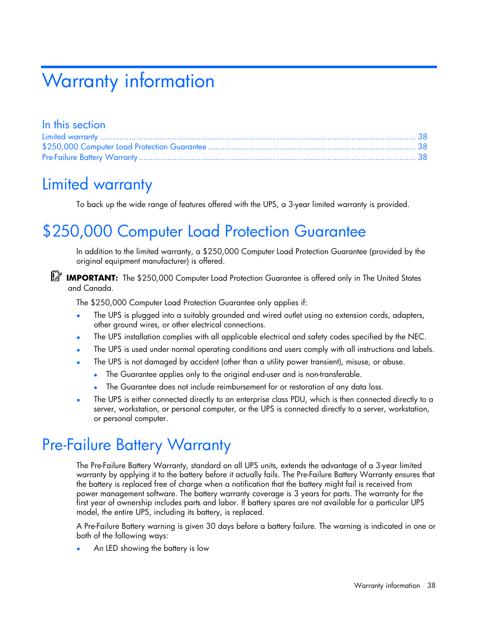 Warranty information, Limited warranty, 250,000 computer load protection guarantee | Pre-failure battery warranty | HP R1500 User Manual | Page 38 / 49