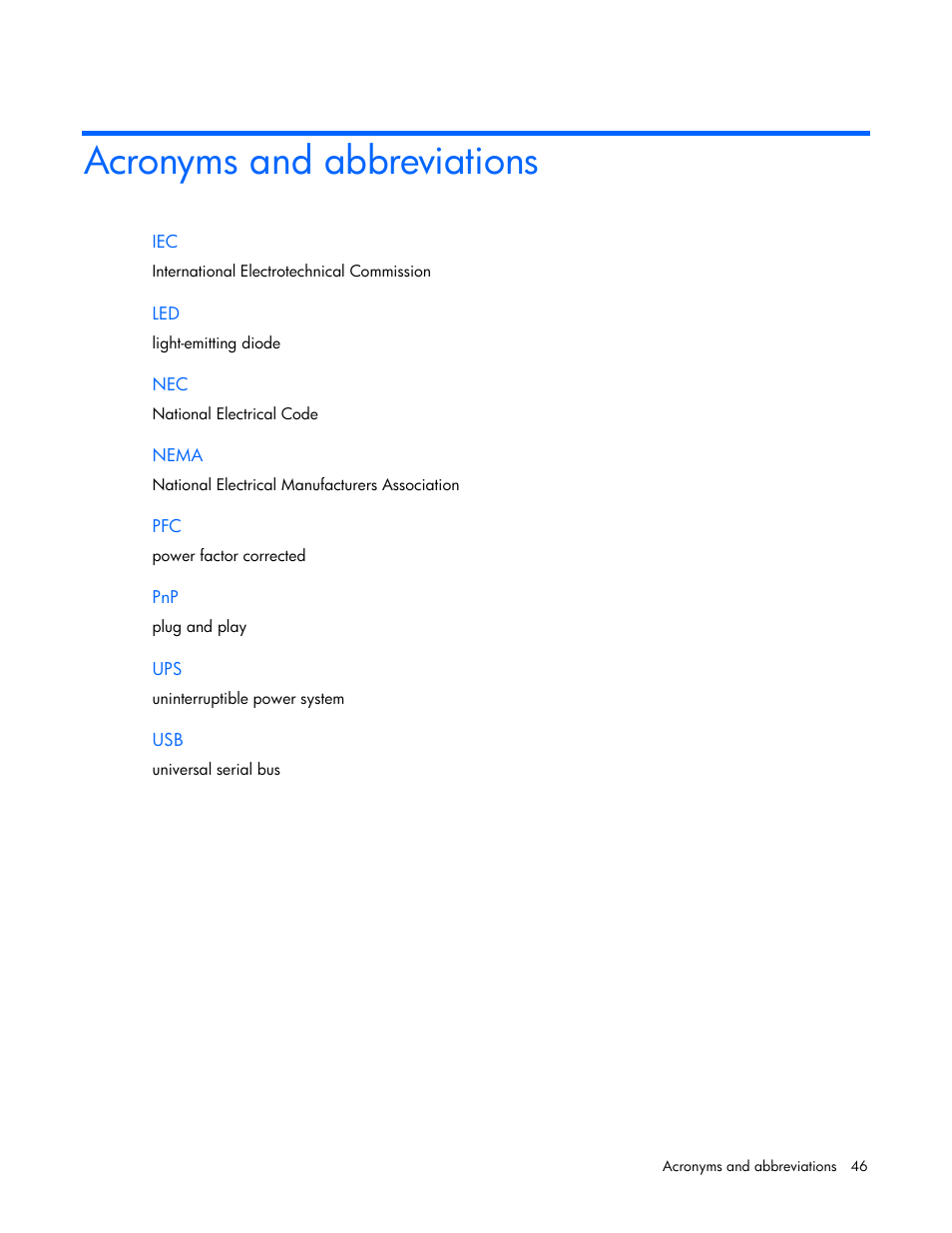 Acronyms and abbreviations | HP R1500 User Manual | Page 46 / 49