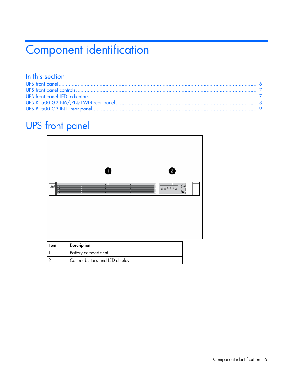 Component identification, Ups front panel | HP R1500 User Manual | Page 6 / 49