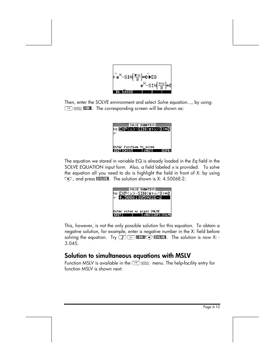 Solution to simultaneous equations with mslv | HP 49g+ User Manual | Page 101 / 176