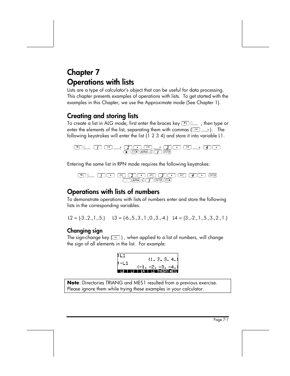 Chapter 7 operations with lists, Creating and storing lists, Operations with lists of numbers | HP 49g+ User Manual | Page 104 / 176