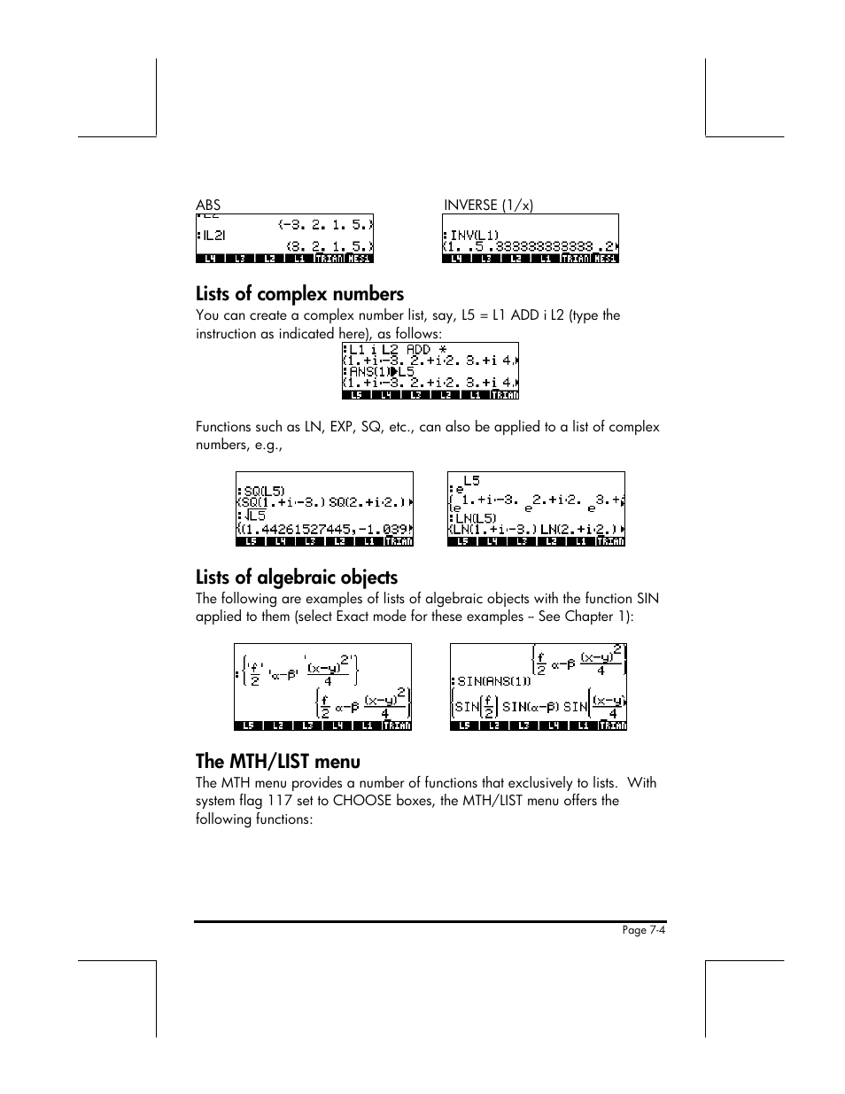 Lists of complex numbers, Lists of algebraic objects, The mth/list menu | HP 49g+ User Manual | Page 107 / 176