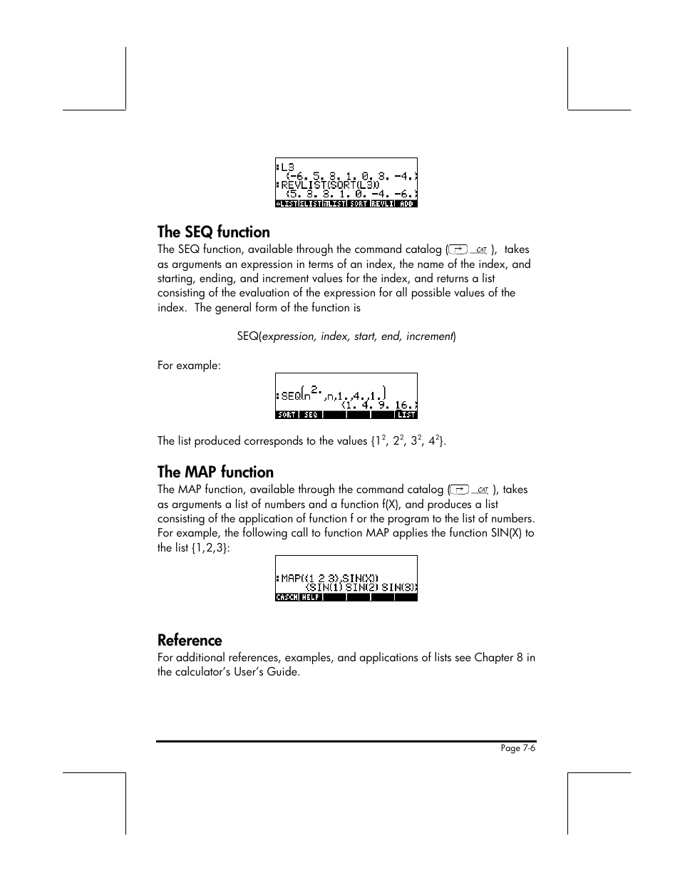 The seq function, The map function, Reference | HP 49g+ User Manual | Page 109 / 176