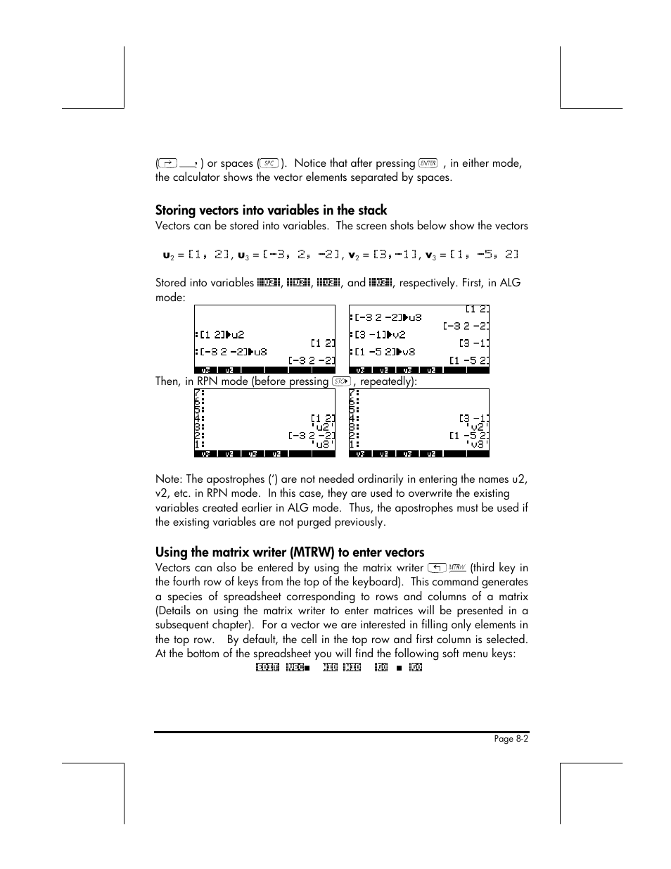 Storing vectors into variables in the stack, Using the matrix writer (mtrw) to enter vectors | HP 49g+ User Manual | Page 111 / 176