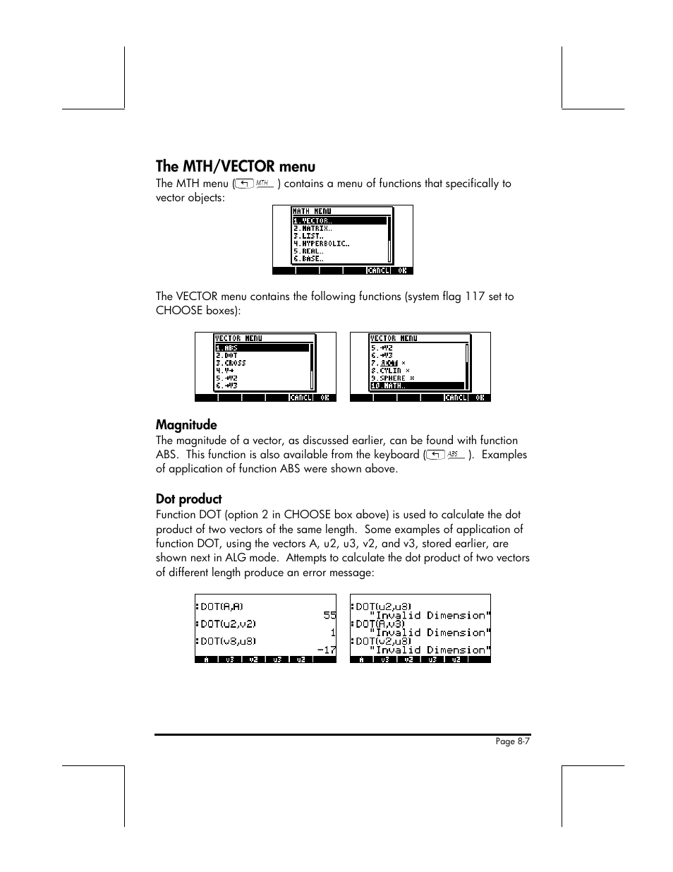 The mth/vector menu | HP 49g+ User Manual | Page 116 / 176