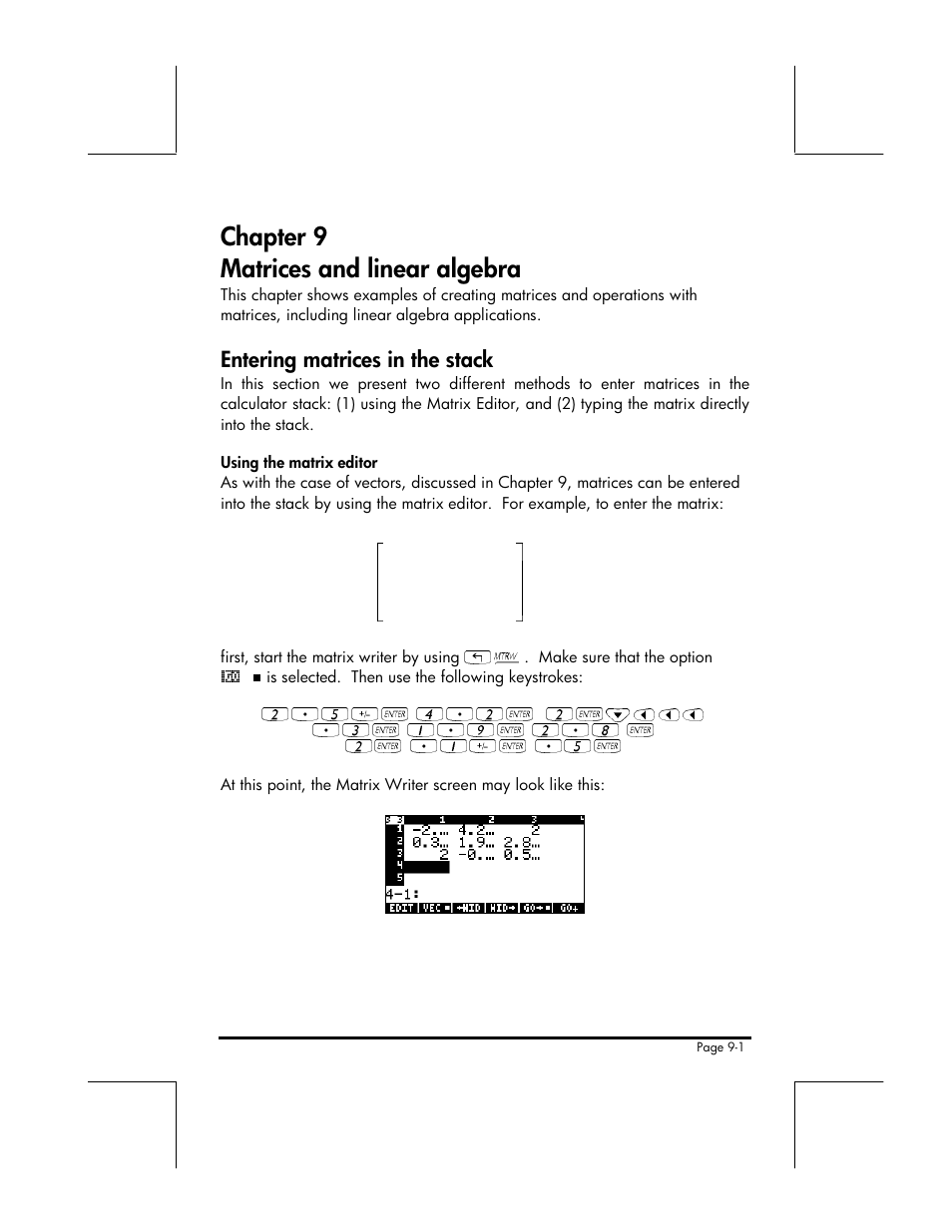Chapter 9 matrices and linear algebra, Entering matrices in the stack | HP 49g+ User Manual | Page 118 / 176