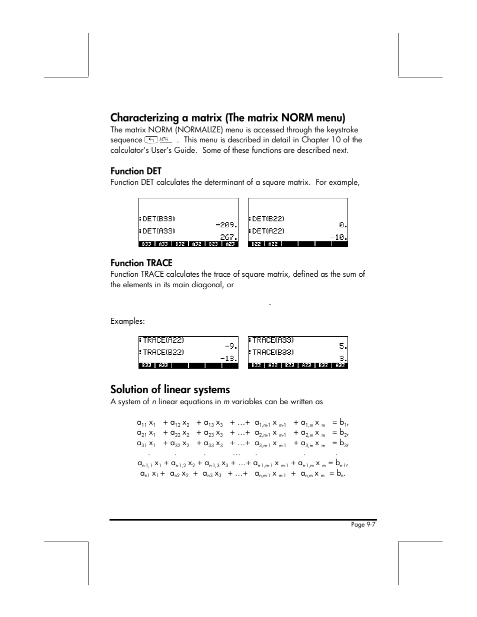 Characterizing a matrix (the matrix norm menu), Solution of linear systems, Function det | Function trace | HP 49g+ User Manual | Page 124 / 176