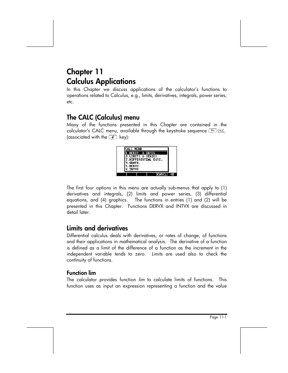 Chapter 11 calculus applications, The calc (calculus) menu, Limits and derivatives | HP 49g+ User Manual | Page 136 / 176