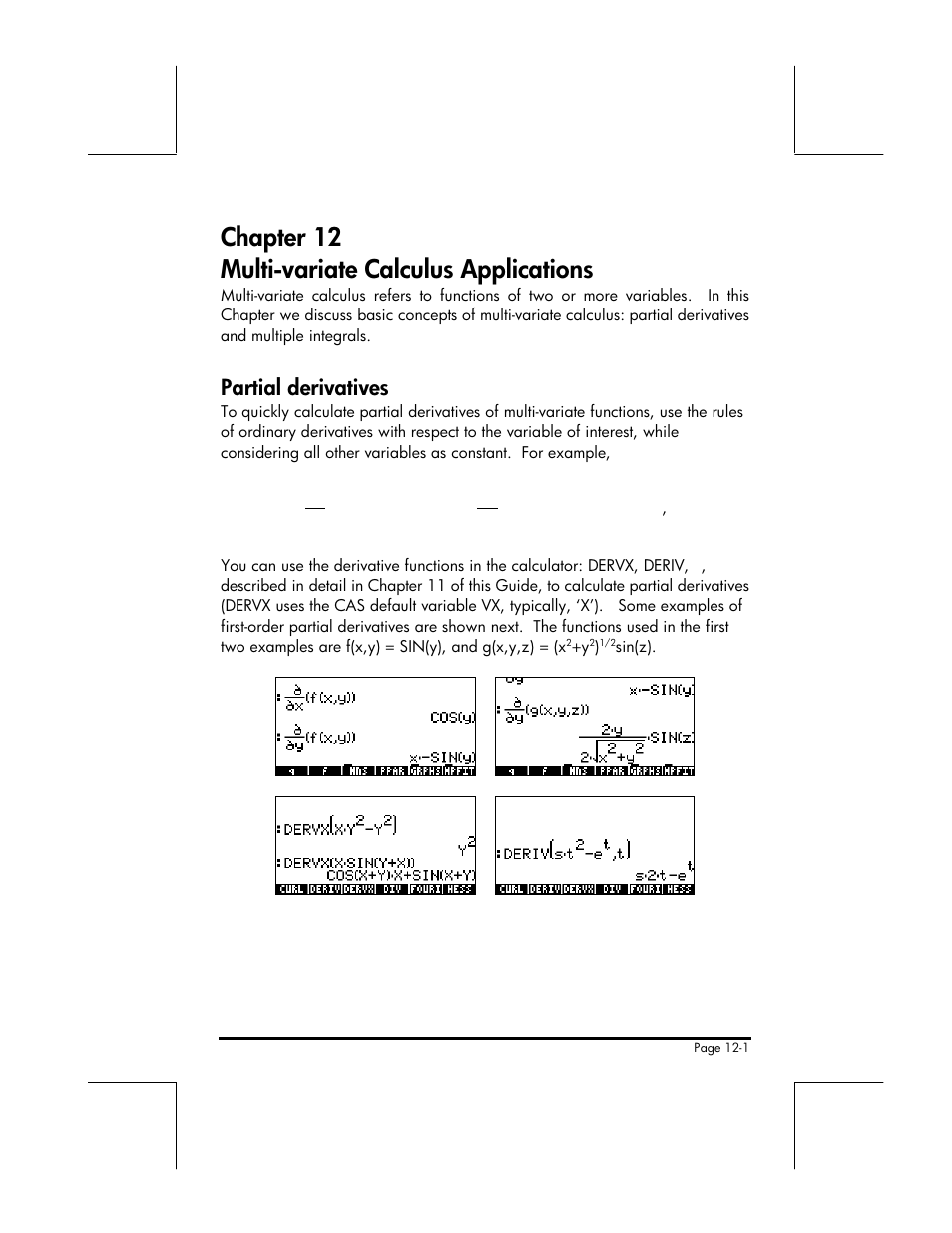 Chapter 12 multi-variate calculus applications, Partial derivatives | HP 49g+ User Manual | Page 142 / 176