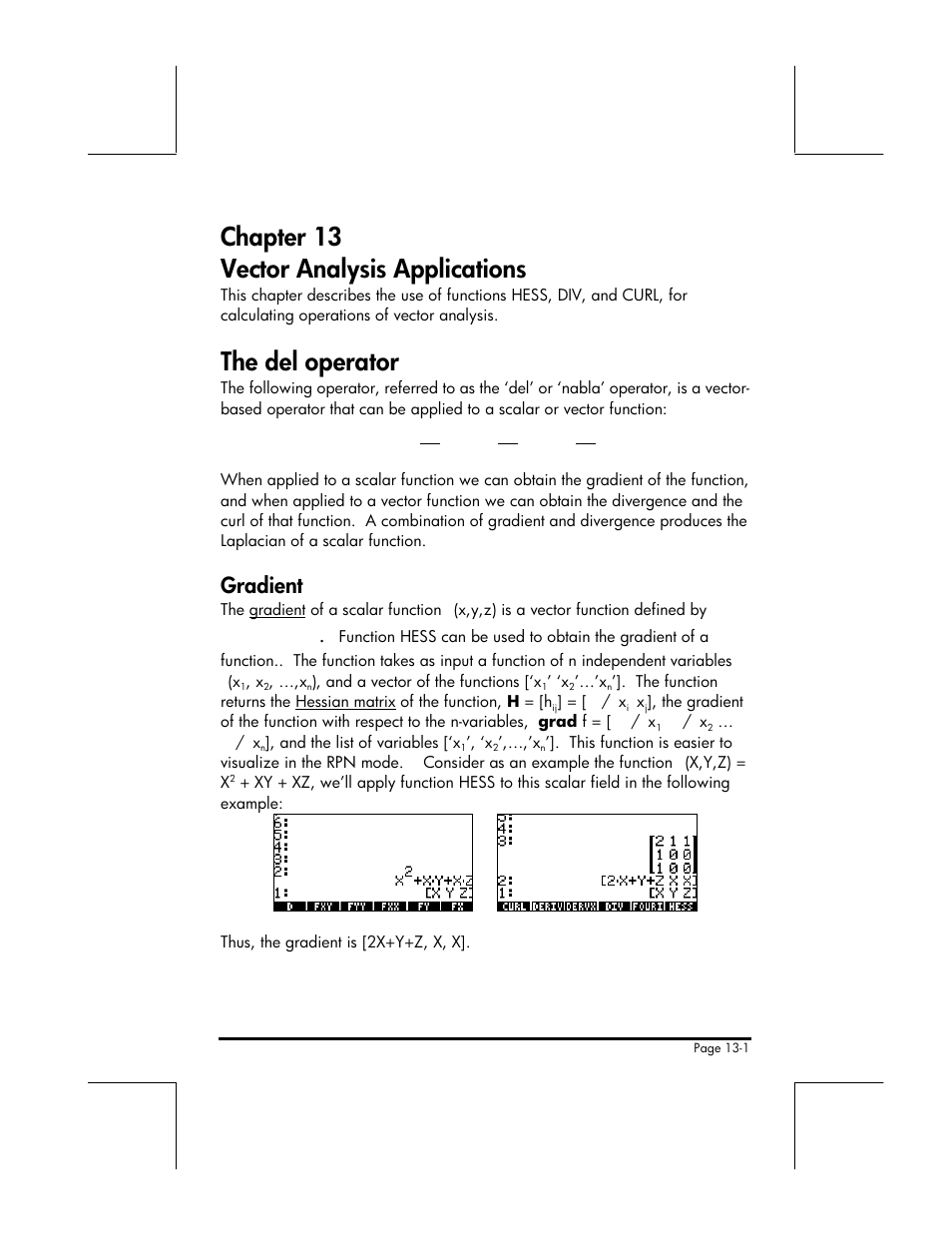 Chapter 13 vector analysis applications, The del operator, Gradient | HP 49g+ User Manual | Page 144 / 176