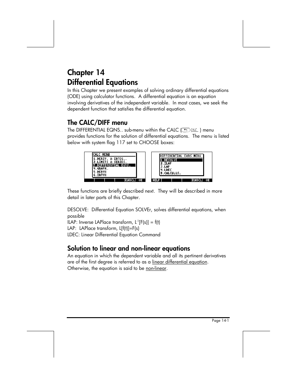 Chapter 14 differential equations, The calc/diff menu, Solution to linear and non-linear equations | HP 49g+ User Manual | Page 146 / 176