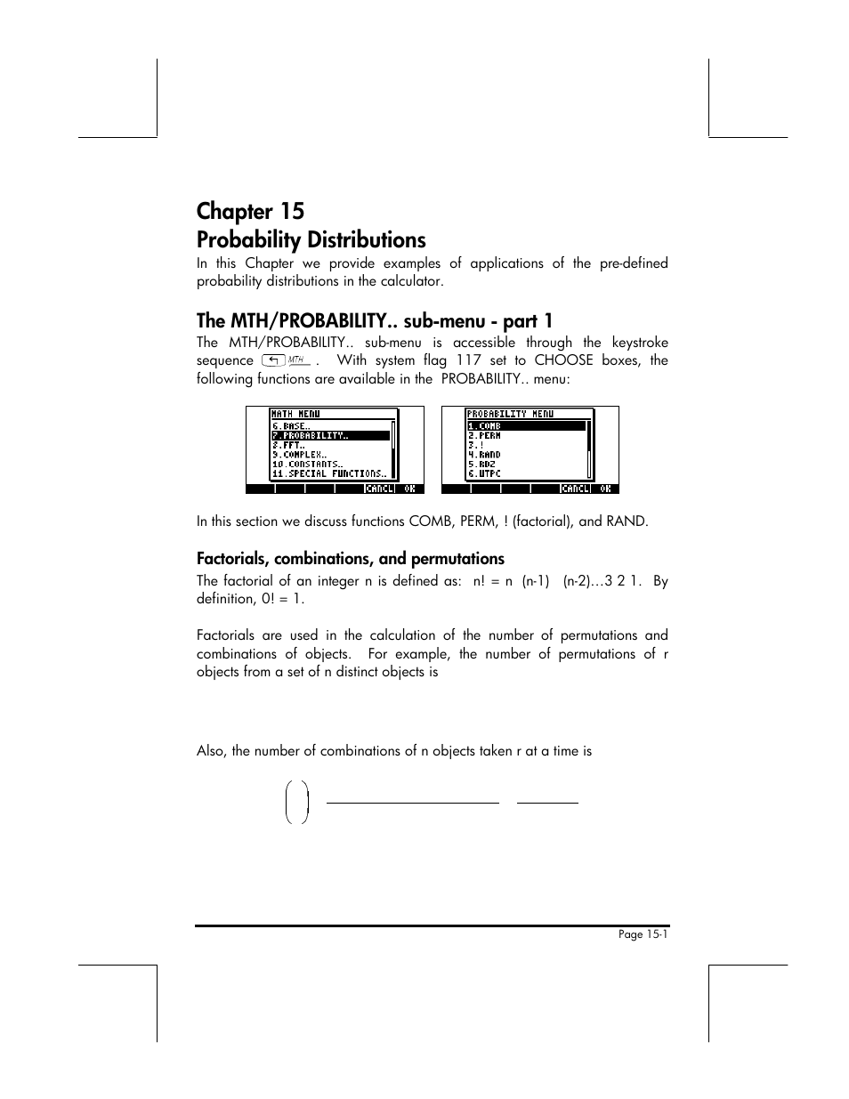 Chapter 15 probability distributions, The mth/probability.. sub-menu - part 1 | HP 49g+ User Manual | Page 154 / 176
