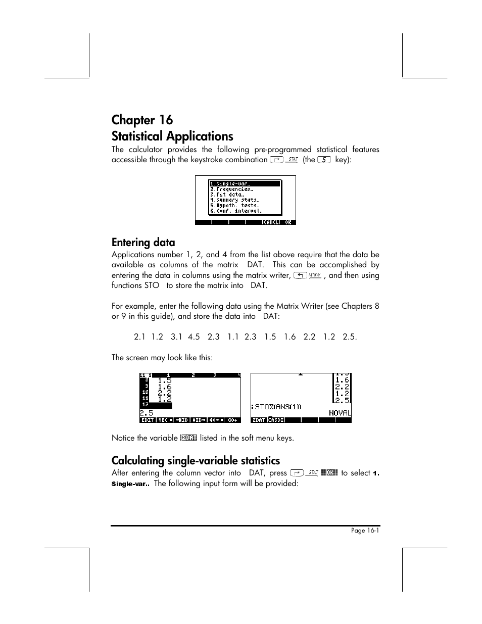 Chapter 16 statistical applications, Entering data, Calculating single-variable statistics | HP 49g+ User Manual | Page 158 / 176