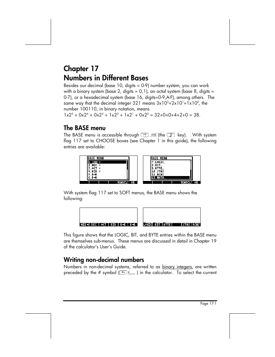 Chapter 17 numbers in different bases, The base menu, Writing non-decimal numbers | HP 49g+ User Manual | Page 169 / 176