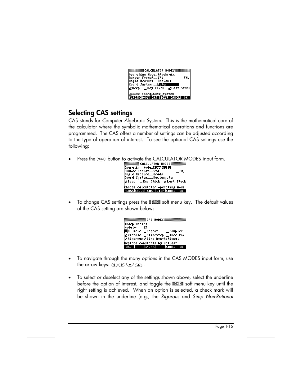 Selecting cas settings | HP 49g+ User Manual | Page 28 / 176