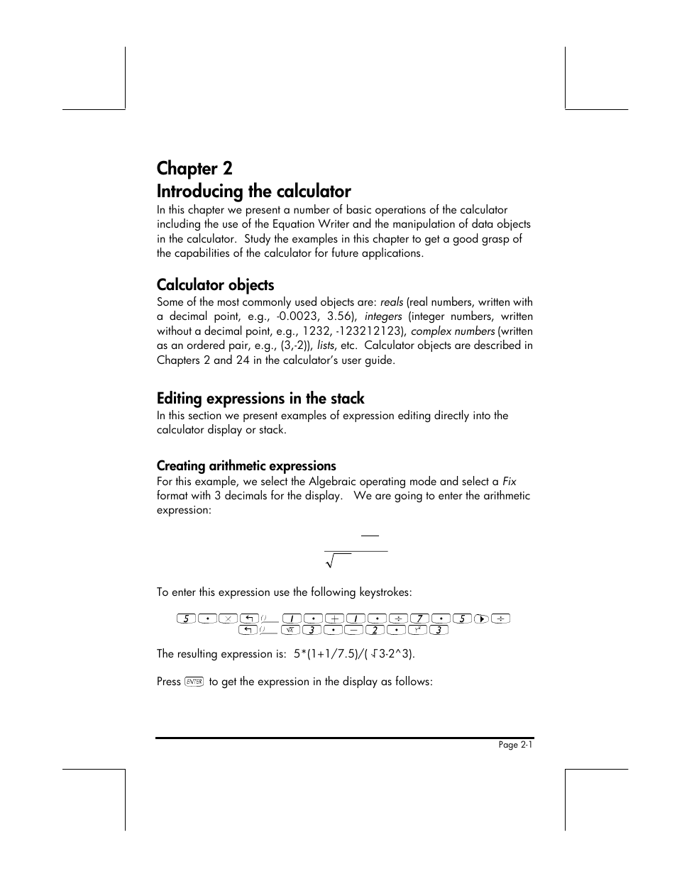 Chapter 2 introducing the calculator, Calculator objects, Editing expressions in the stack | HP 49g+ User Manual | Page 34 / 176