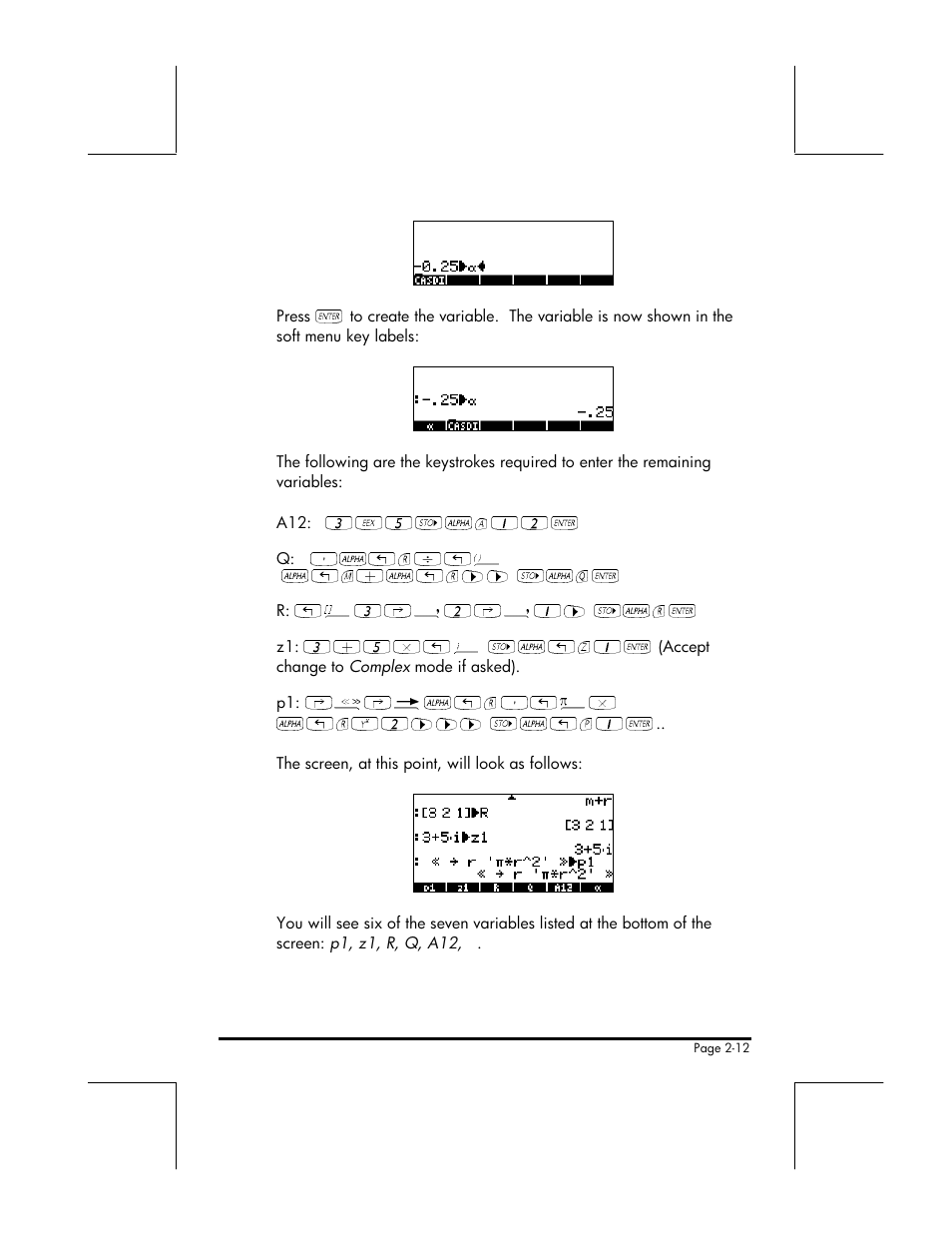 3v5k~a12, R/„ü ~„m+~„r™™ k~q, Ф3‚н2‚н1™ k~r | 3+5*„¥ k~„z1 | HP 49g+ User Manual | Page 45 / 176