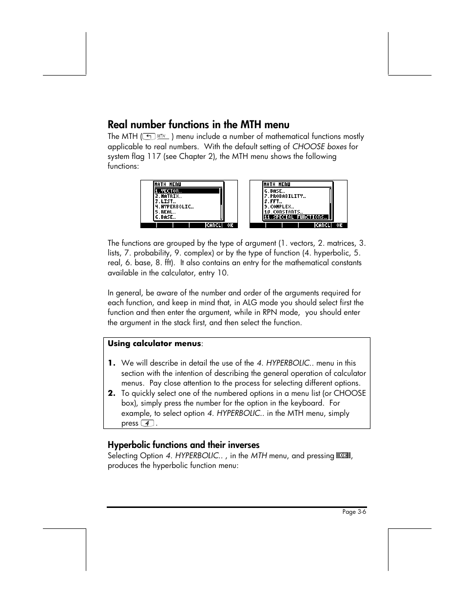 Real number functions in the mth menu | HP 49g+ User Manual | Page 59 / 176