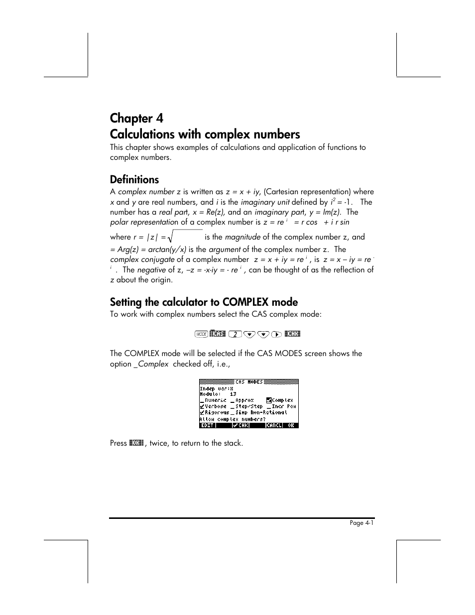 Chapter 4 calculations with complex numbers, Definitions, Setting the calculator to complex mode | HP 49g+ User Manual | Page 72 / 176
