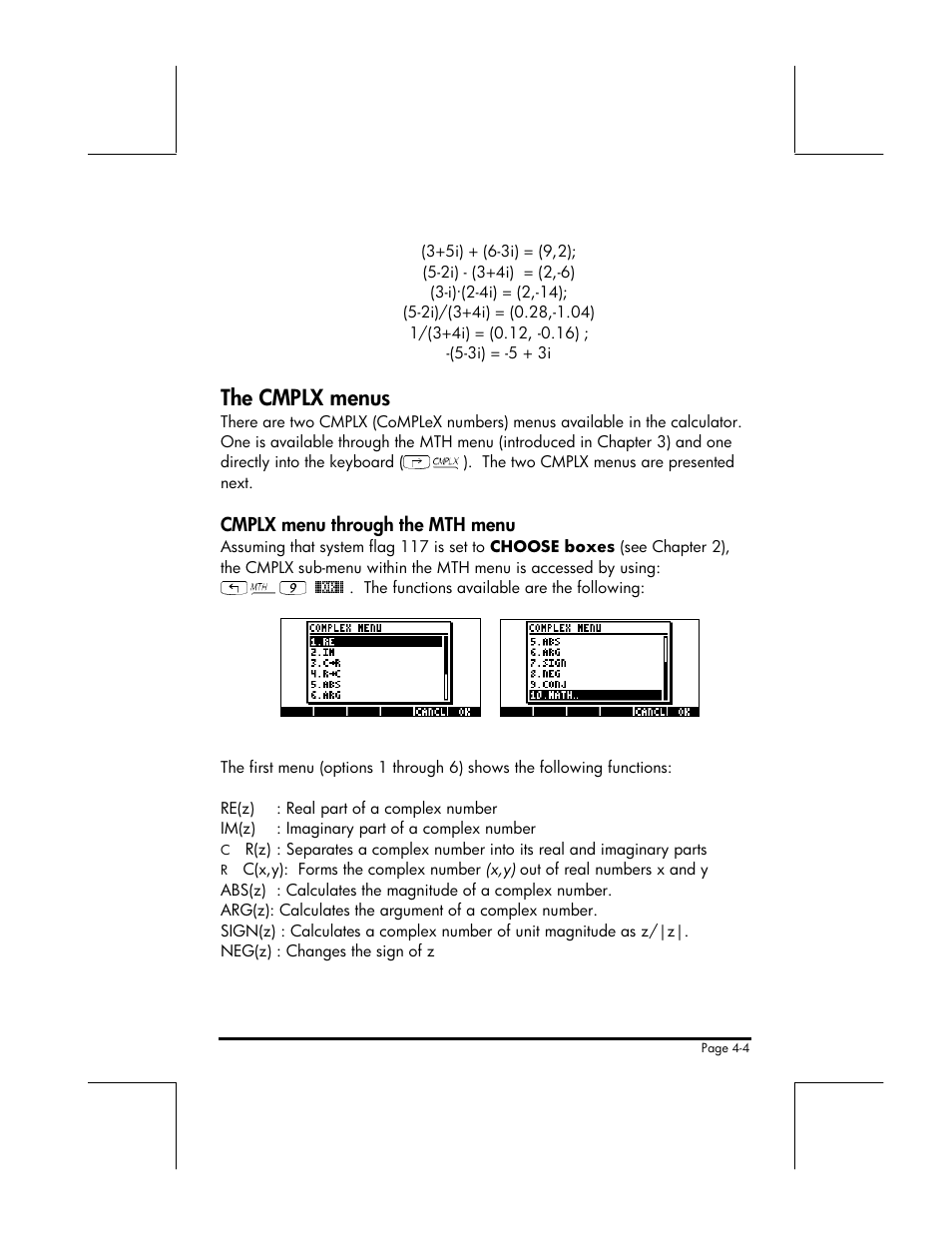 The cmplx menus | HP 49g+ User Manual | Page 75 / 176