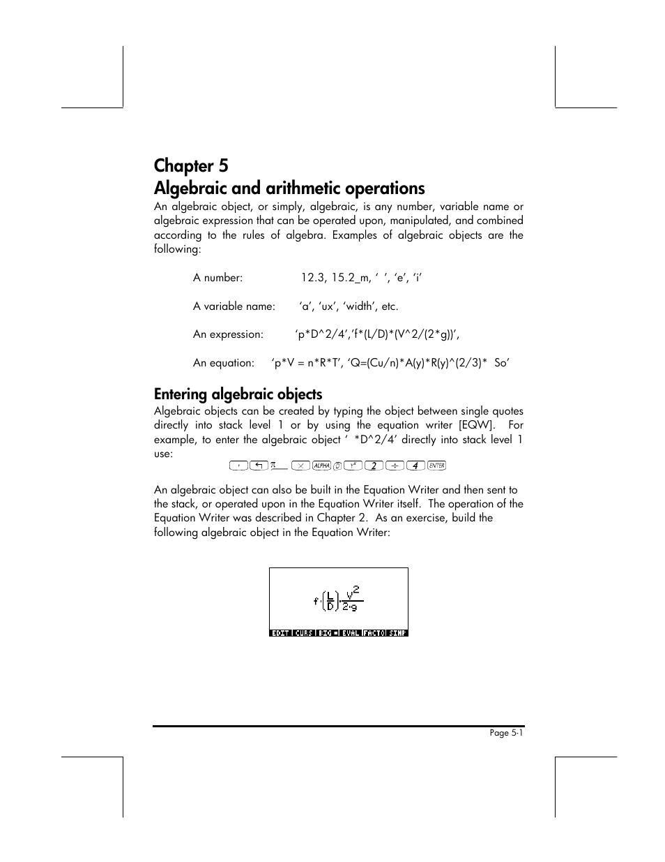 Chapter 5 algebraic and arithmetic operations, Entering algebraic objects | HP 49g+ User Manual | Page 79 / 176